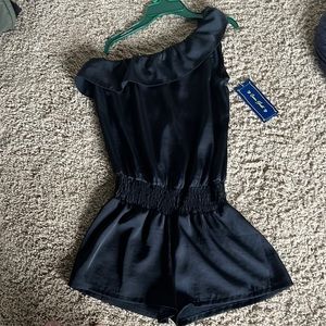 Black romper w ruffle one shoulder